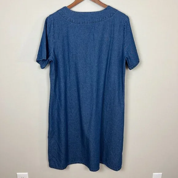 Country Store Denim Dress Large Blue Embroidered Floral Pintucked Knee Length - Picture 5 of 7